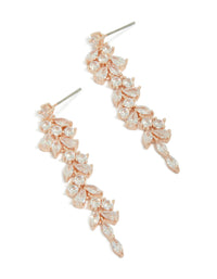 Showcasing rose gold plated cubic zirconia dainty vine drop earrings in statement style front view - link has visual effect only