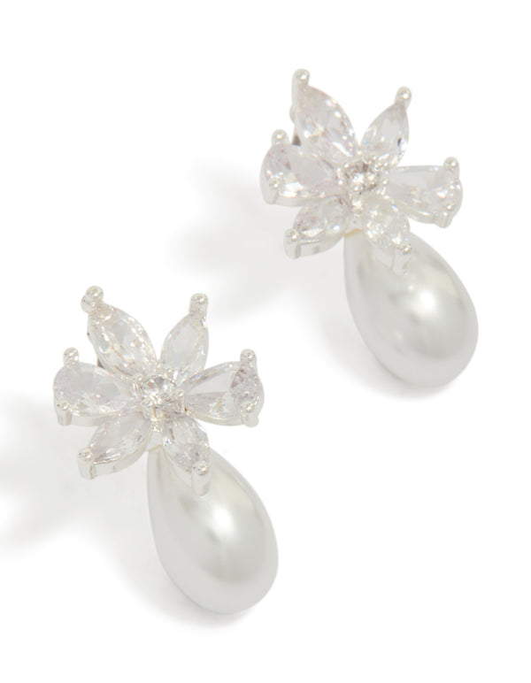 Silver Plated Cubic Zirconia Flower Pearl Stud Earrings