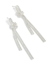 Elegant silver plated cubic zirconia baguette knot drop earrings with clear stones front view - link has visual effect only
