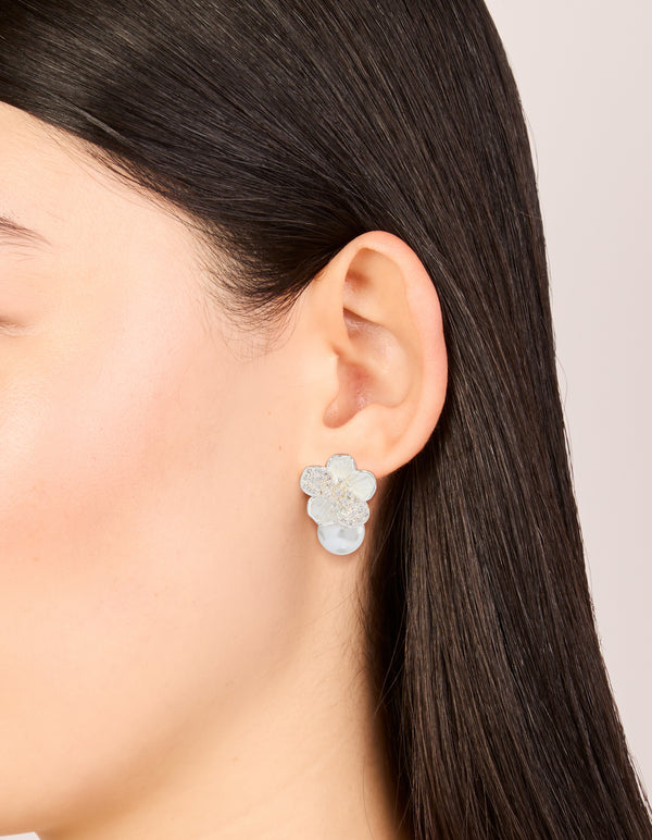 Silver Plated Cubic Zirconia Flower & Pearl Drop Earrings