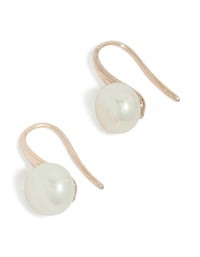 Showcasing rose gold plated small freshwater pearl hook drop earrings in dainty style front view - link has visual effect only
