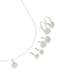 Silver Plated Cubic Zirconia Stud Earrings & Necklace Set - link has visual effect only
