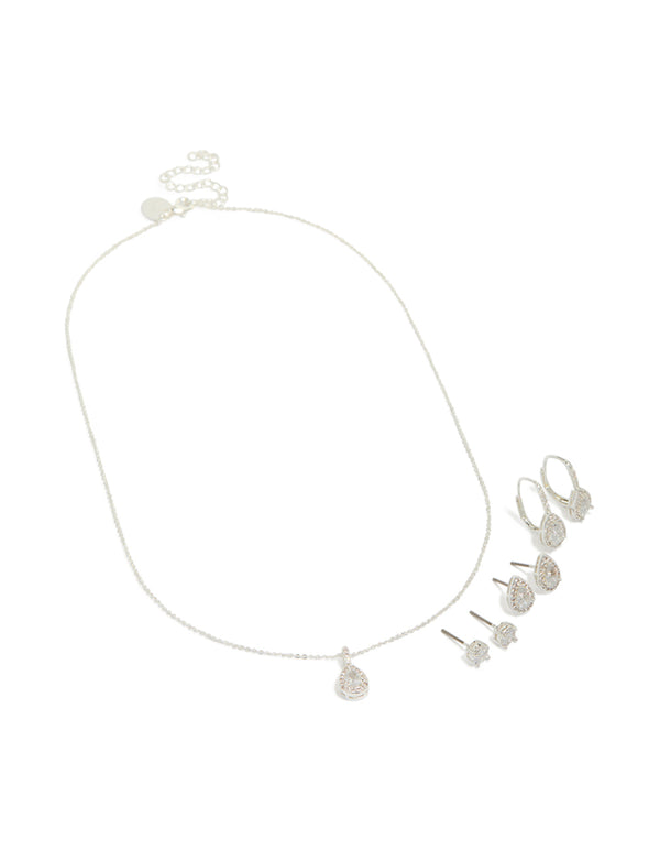 Silver Plated Cubic Zirconia Stud Earrings & Necklace Set
