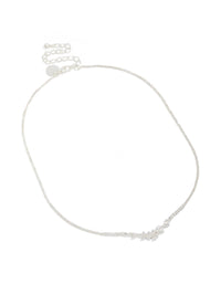 Silver plated cubic zirconia dainty floral cupchain necklace with leaf pattern front view - link has visual effect only