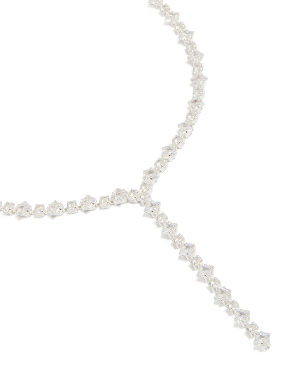 Showcasing a plated cubic zirconia square tennis Y-necklace in silver close up view