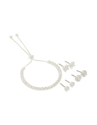 Silver Plated Cubic Zirconia Mixed Stud Earrings & Tennis Bracelet Set - link has visual effect only