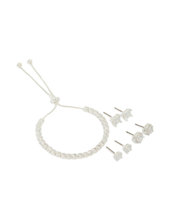 Silver Plated Cubic Zirconia Mixed Stud Earrings & Tennis Bracelet Set