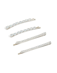 Showcasing a 4-pack of cubic zirconia mixed shape hair slides in silver front view - link has visual effect only