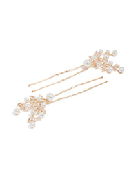 Showcasing gold diamante and pearl hair clips with floral accents front view - link has visual effect only