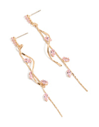 Crafted from gold with pink diamante swirl vine drop earrings front view - link has visual effect only