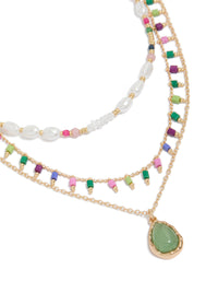Gold Bead & Pearl Layered Pendant Necklace - link has visual effect only