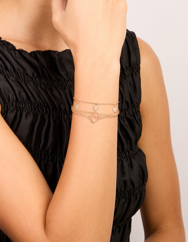 Gold Pink Diamante Flower & Heart Chain Bracelets 3-Pack
