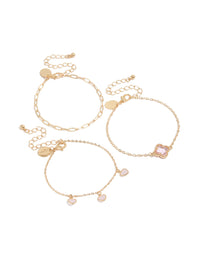 Gold Pink Diamante Flower & Heart Chain Bracelets 3-Pack - link has visual effect only