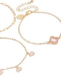 Gold Pink Diamante Flower & Heart Chain Bracelets 3-Pack - link has visual effect only