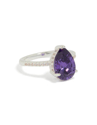 Elegant textured ring with pear cut cubic zirconia in purple, crafted from silver plated crystal front view - link has visual effect only