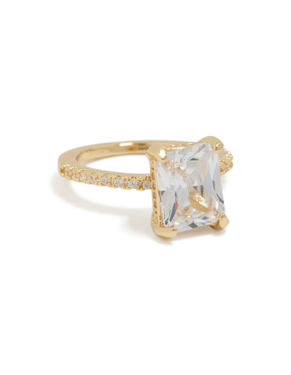 Showcasing a gold plated textured square cubic zirconia ring with detailing in a statement style side detail view