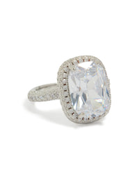 Elegant statement ring featuring cushion cut cubic zirconia with halo setting in crystal and silver front view - link has visual effect only