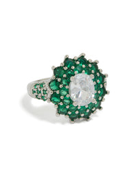 Showcasing a statement cubic zirconia ring with floral design in green and clear on silver crystal material front view - link has visual effect only