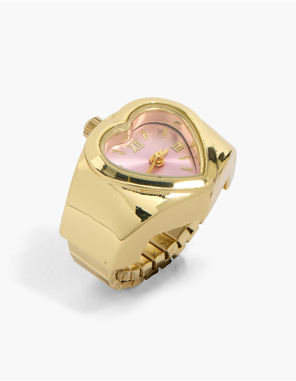 Featuring a statement heart watch ring in gold with link band and pink dial front view