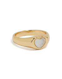 Showcasing a gold plated stainless steel dainty heart signet ring with waterproof material in white front view - link has visual effect only