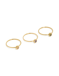 Beautifully crafted gold plated stainless steel dainty cubic zirconia circle rings in a 3-pack with multicolored stones front view - link has visual effect only