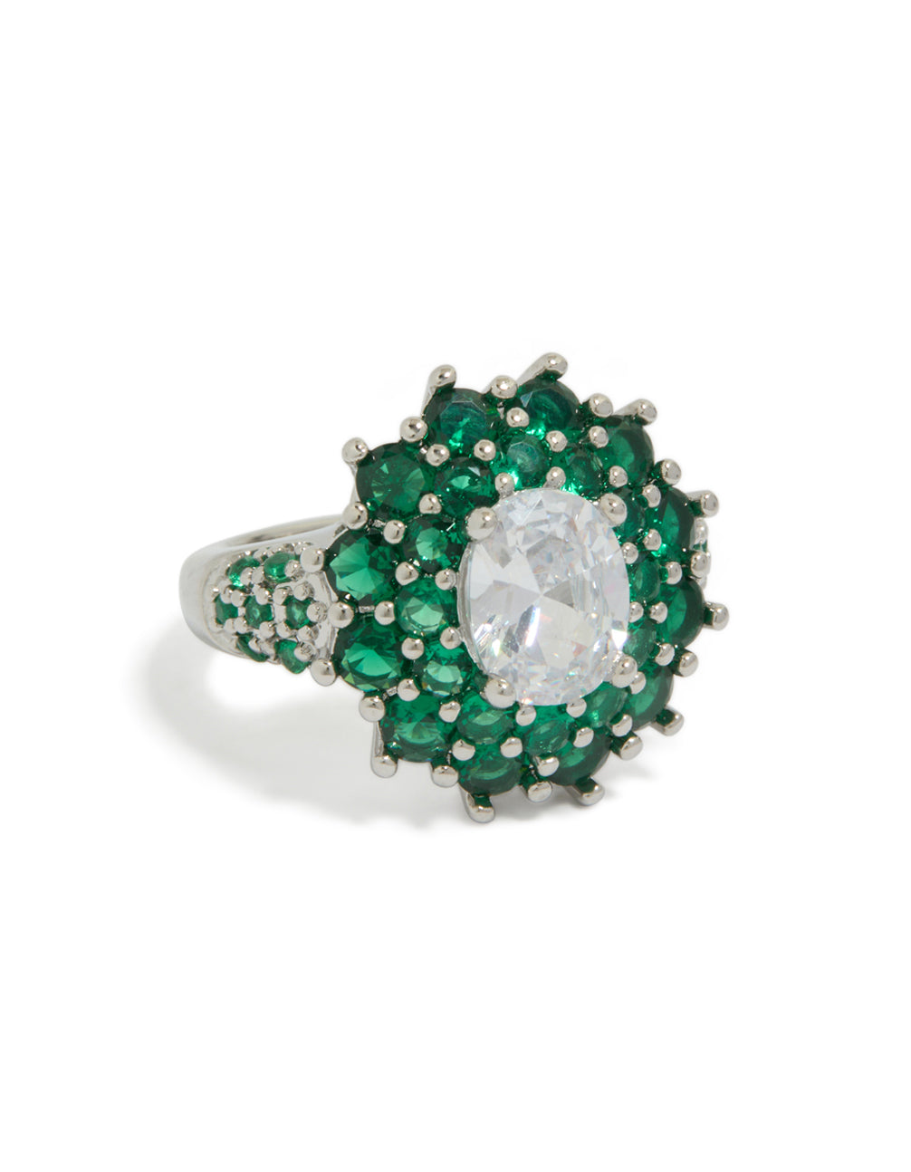 Crafted from cubic zirconia and crystal, this statement floral ring features a green and clear design with silver accents front view