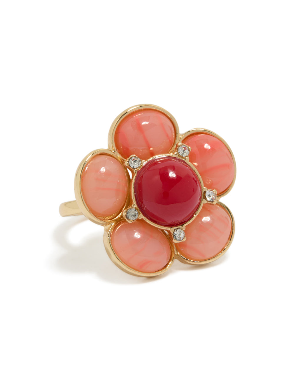 Showcasing a statement flower ring crafted from gold plated material featuring pink stone in coral, crimson, and clear front view