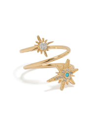 Showcasing a celestial star ring in gold plated finish with cubic zirconia and turquoise accents front view - link has visual effect only
