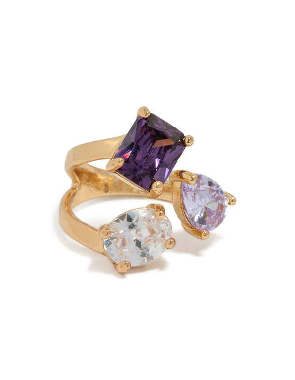 Showcasing a gold plated multi cubic zirconia statement ring with purple and lavender stones front view