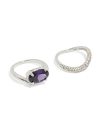 Showcasing a silver plated cubic zirconia purple oval rings 2-pack with crystal and statement styling front view - link has visual effect only