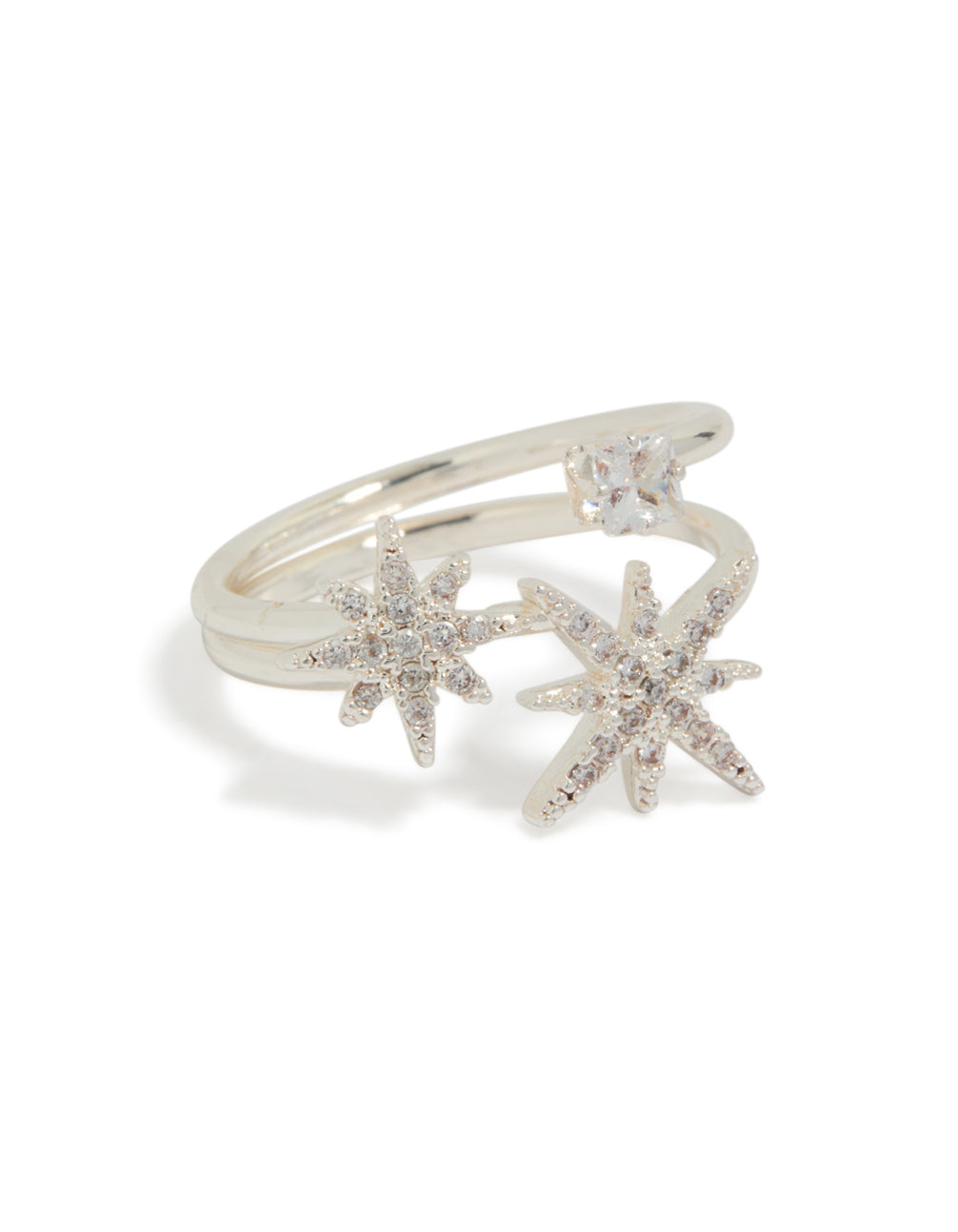 Showcasing a silver plated ring with celestial star design featuring cubic zirconia stones in clear front view