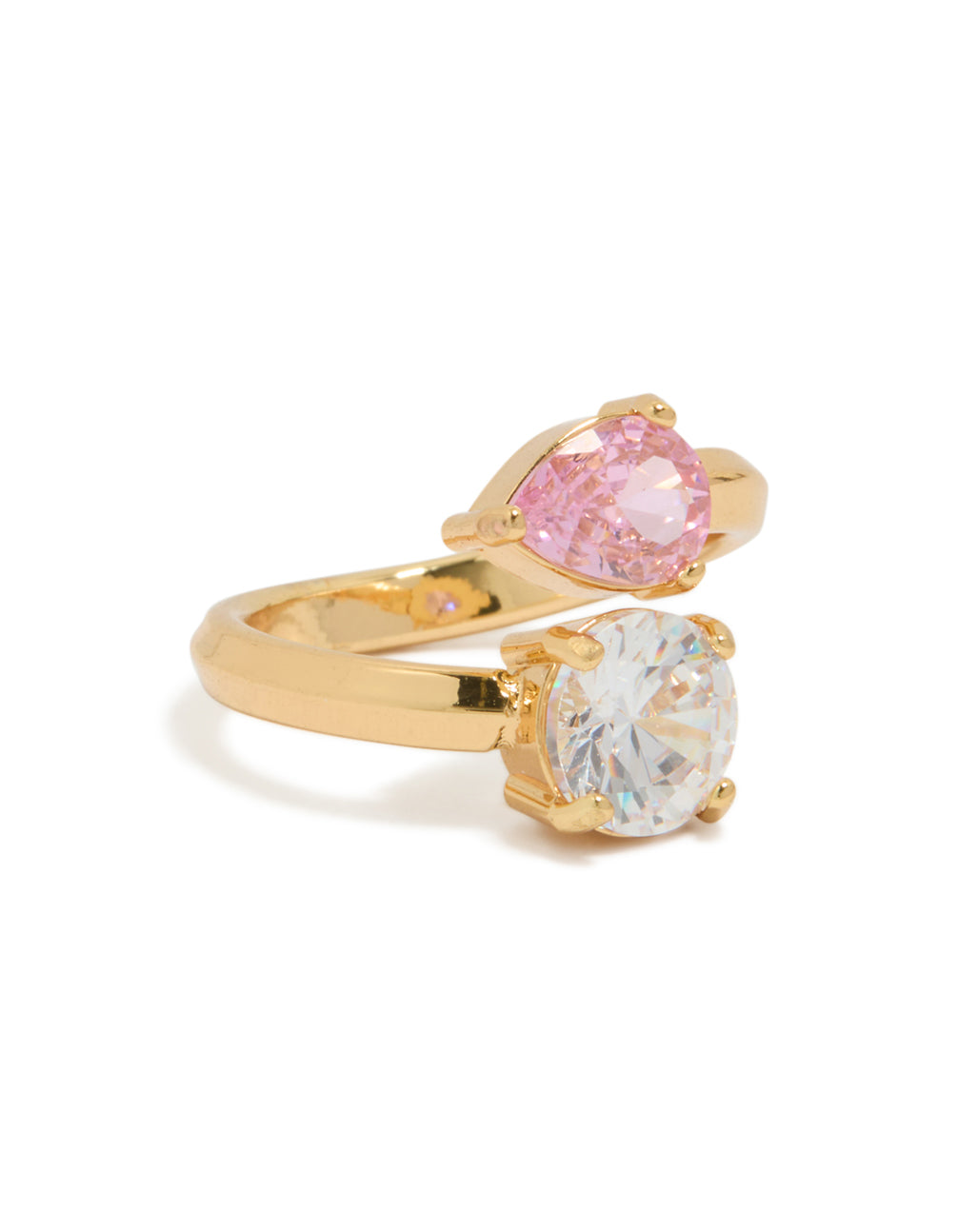 Showcasing a gold plated stainless steel cubic zirconia circle wrap ring with pink and clear stones front view
