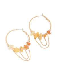 Showcasing orange chip and gold chain hoop earrings featuring beads accents front view - link has visual effect only