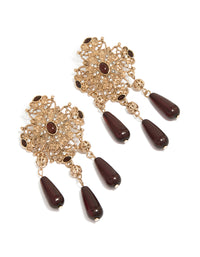 Showcasing antique gold art deco drop earrings with beads design, featuring maroon accents and statement styling front view - link has visual effect only