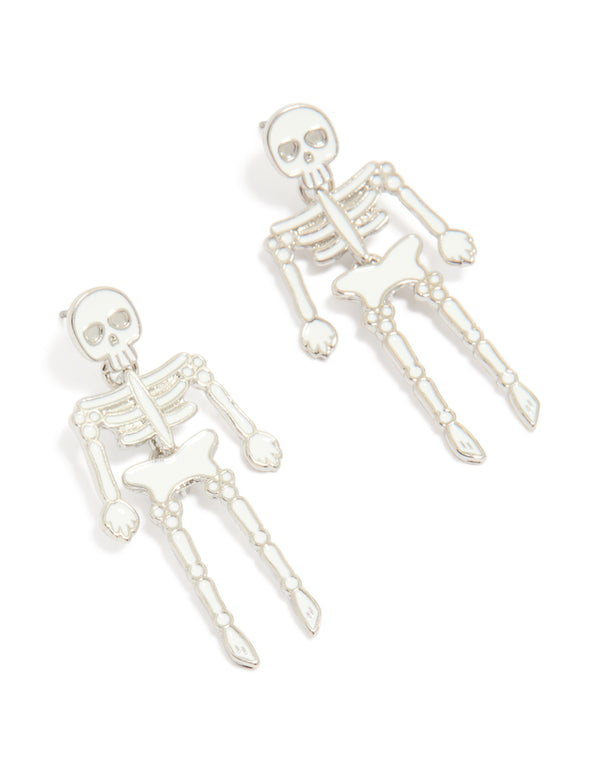 Showcasing silver dangly skeleton earrings design in white front view