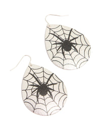 Showcasing statement disc earrings with spider motif and glitter detailing in silver and black front view - link has visual effect only