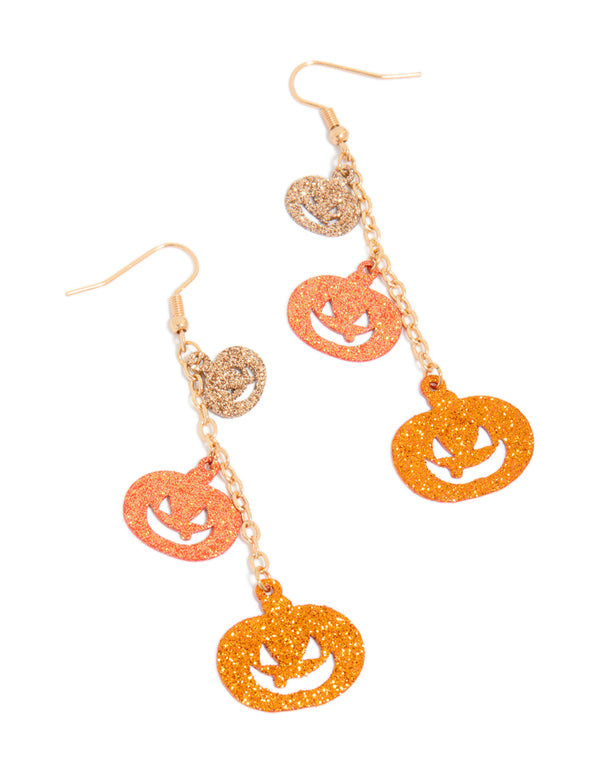 Showcasing chunky drop earrings with charm accents and glitter finish in orange, gold, brown, and coral tones front view