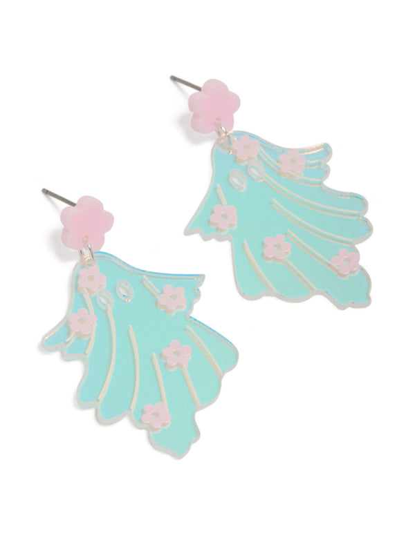 Blue acrylic ghost pink flowers drop earrings featuring floral accents in aqua and light grey front view