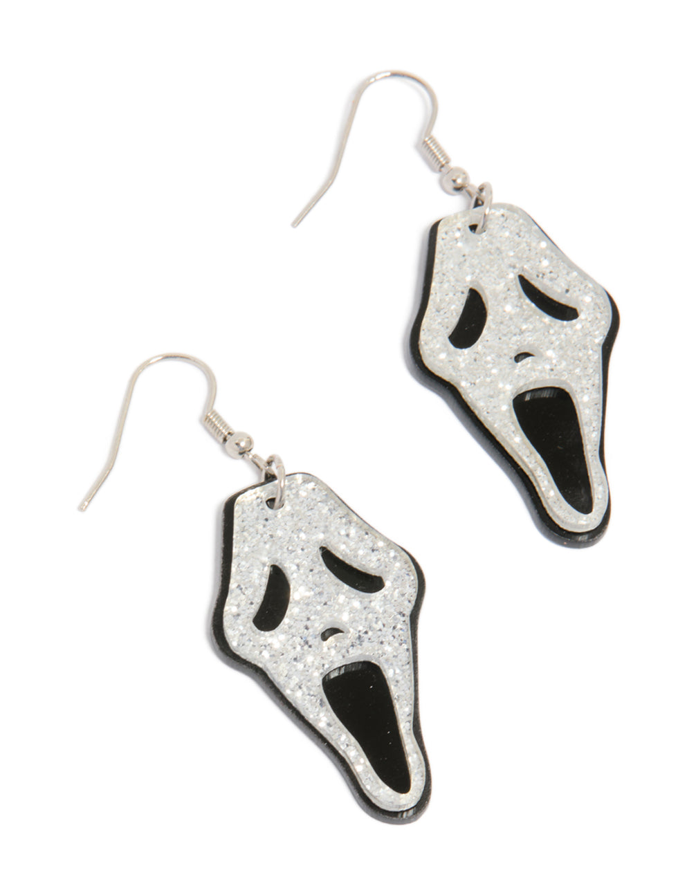 Statement drop earrings featuring acrylic ghost face with glitter in black, and silver front view