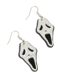 Statement drop earrings featuring acrylic ghost face with glitter in black, and silver front view - link has visual effect only