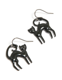 Showcasing black coated metal cat drop earrings in statement style front view - link has visual effect only