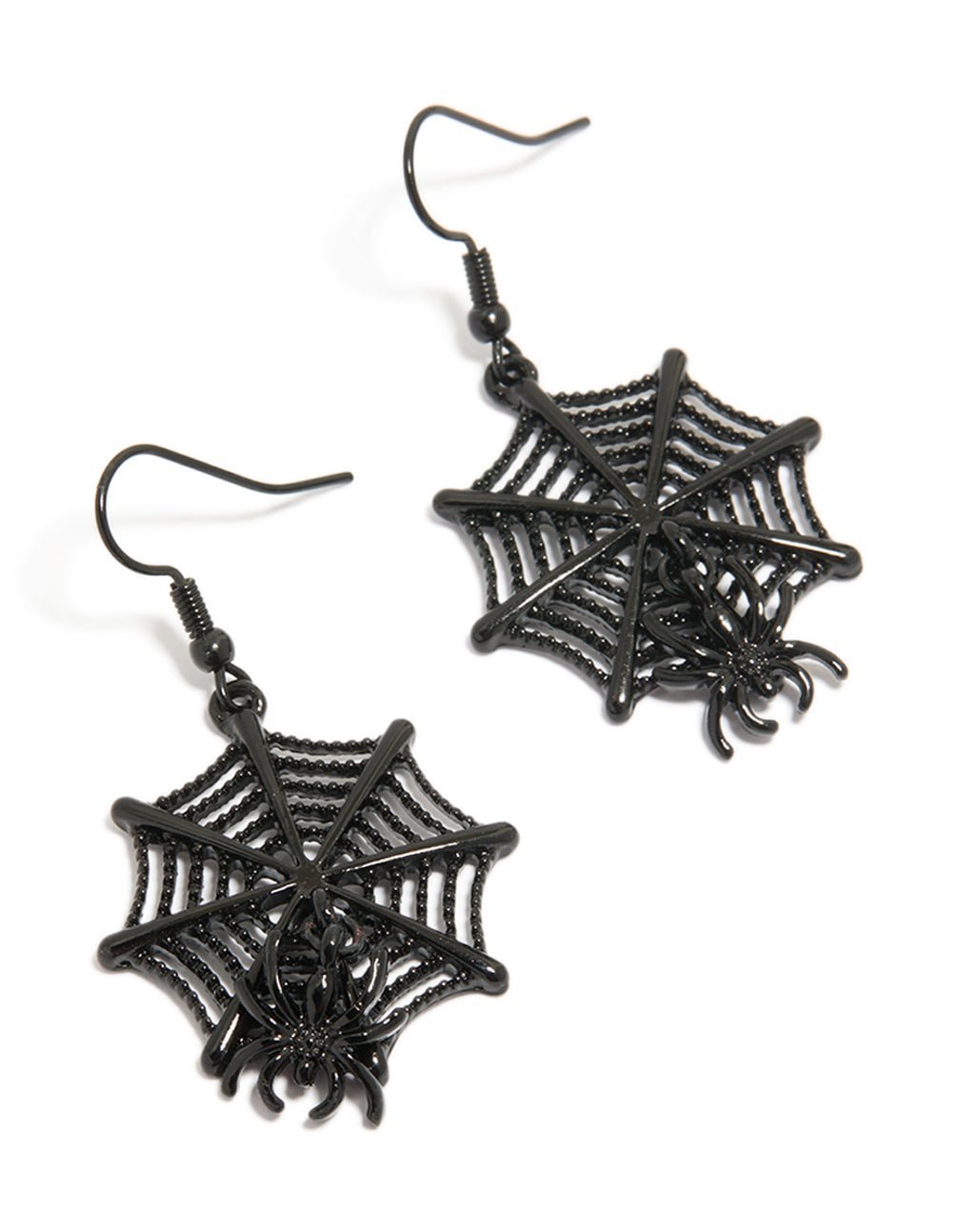 Showcasing statement drop earrings featuring black coated metal spiderweb and spider animal design front view
