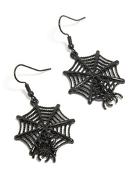 Showcasing statement drop earrings featuring black coated metal spiderweb and spider animal design front view - link has visual effect only