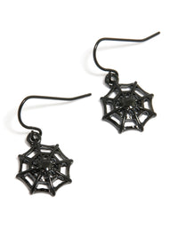 Showcasing black coated metal spiderweb drop earrings with statement style front view - link has visual effect only