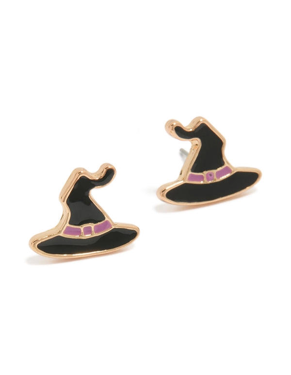 Charming gold black witch hat stud earrings with purple accents front view