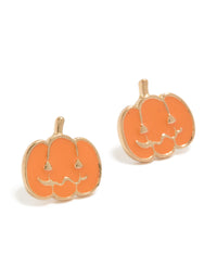 Featuring gold pumpkin face stud earrings in orange front view - link has visual effect only
