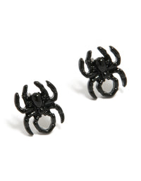 Showcasing small acrylic spider stud earrings design in black front view - link has visual effect only