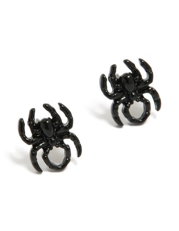 Showcasing small acrylic spider stud earrings design in black front view