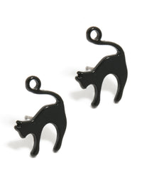 Showcasing black acrylic cat stud earrings featuring with stud closure front view - link has visual effect only
