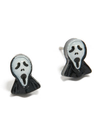 Showcasing Ghost Face stud earrings in white and black front view - link has visual effect only